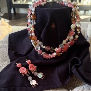Chic Beaded Necklace and Earring Set in Pink and Brown